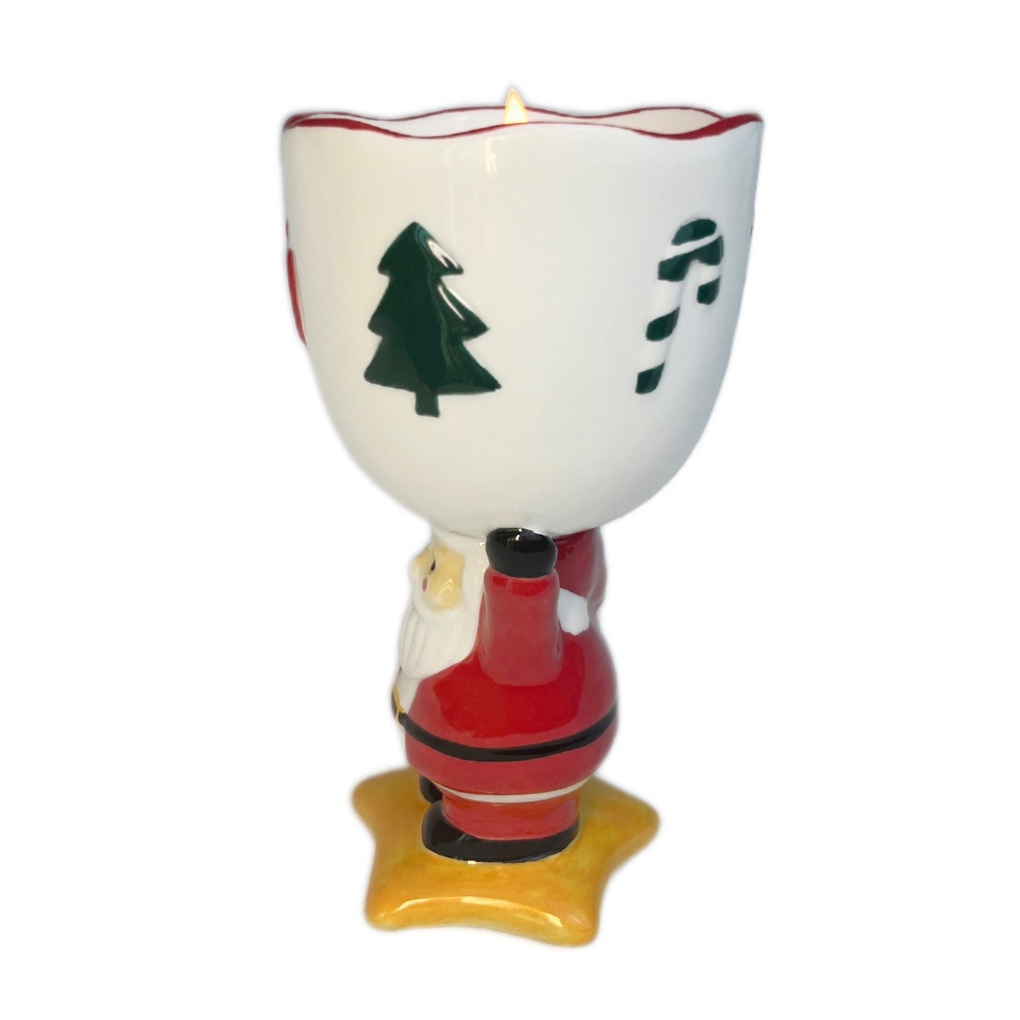 Spiced cranberry cider scented ceramic Santa goblet candle with hand-painted holiday details on a white background.