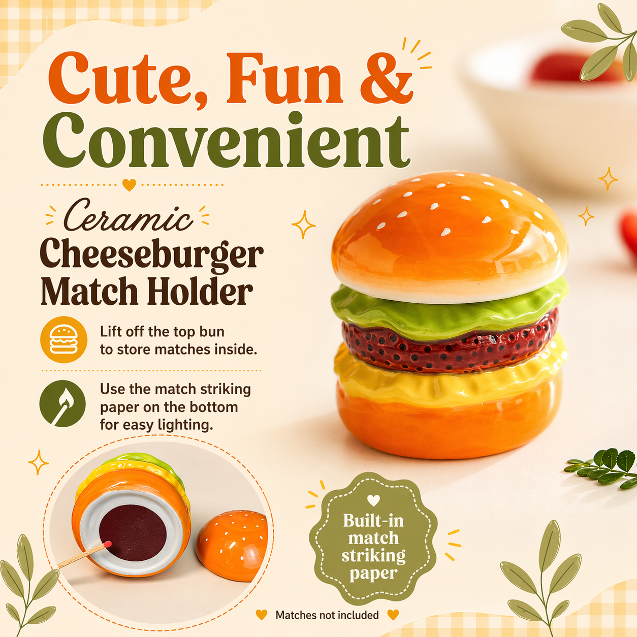 Ceramic Cheeseburger Match Holder